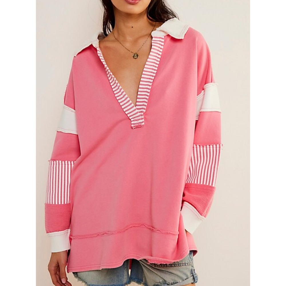 Free People Pink Striped V-Neck Oversized Sweatshirt